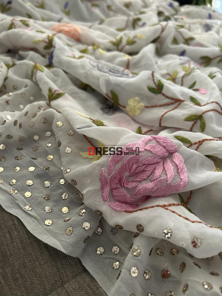 Hand Crafted Parsi Gara Mukaish Dupatta/Running Fabric 3 Meters Chikankari Dupatta