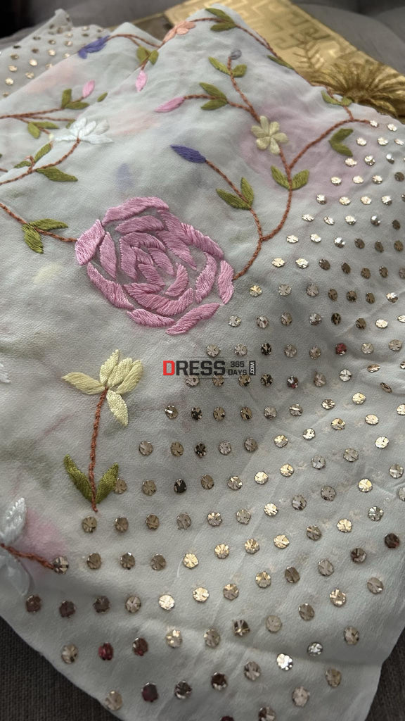 Hand Crafted Parsi Gara Mukaish Dupatta/Running Fabric 3 Meters Chikankari Dupatta