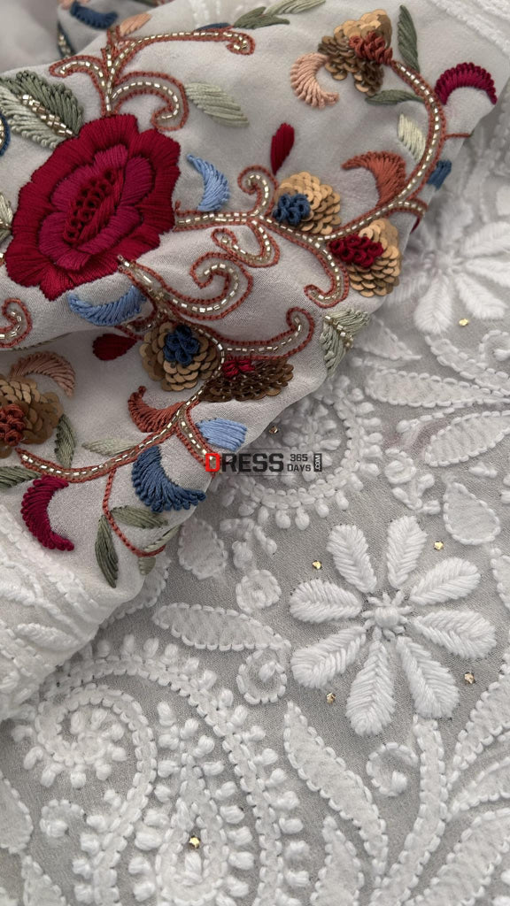 Ivory Chikankari & Kamdani Multicolour Neckline Suit Suits