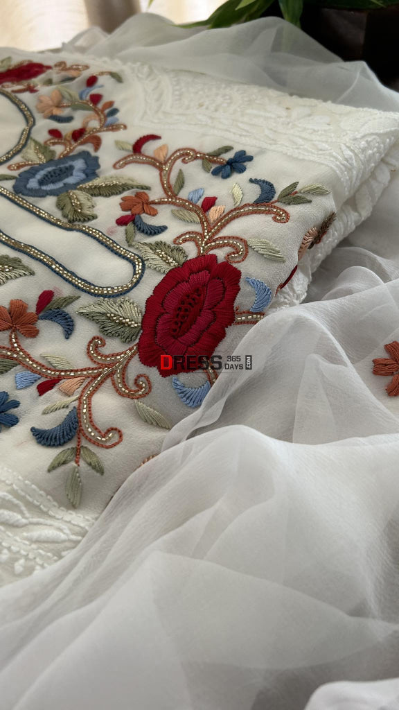 Ivory Chikankari & Kamdani Multicolour Neckline Suit Suits