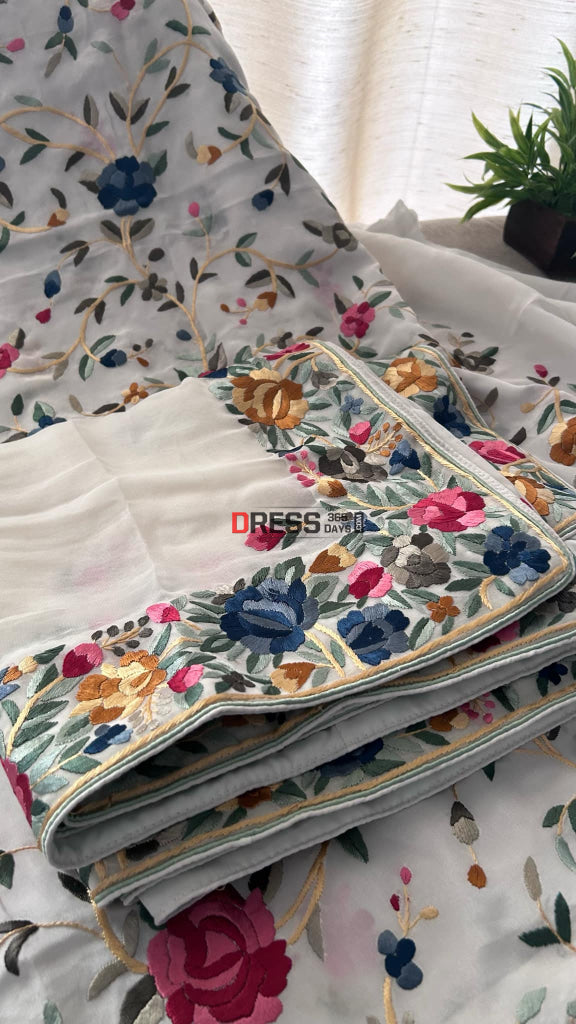 Ivory Floral Parsi Gara Suit (Three Piece) Suits