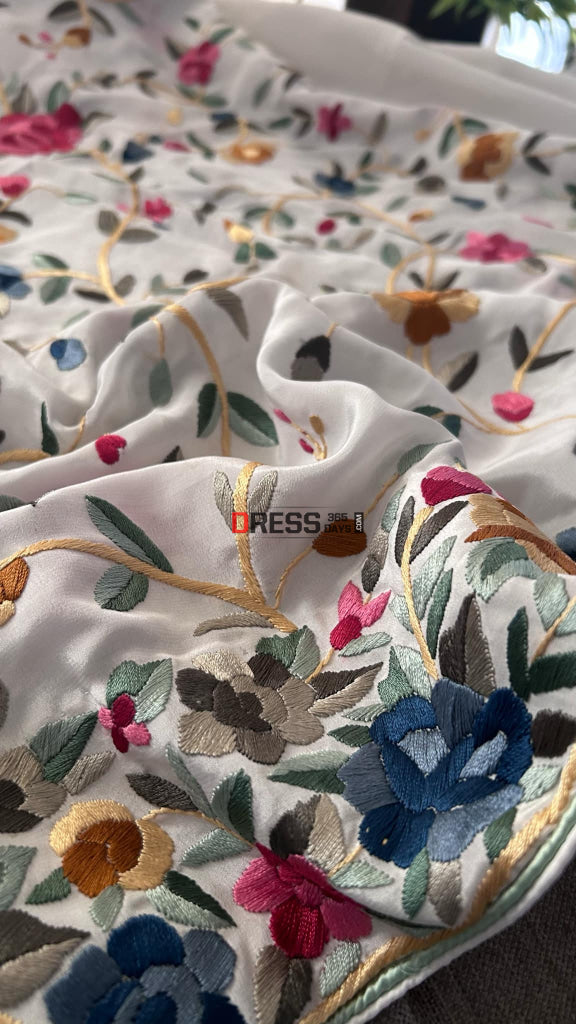 Ivory Floral Parsi Gara Suit (Three Piece) Suits