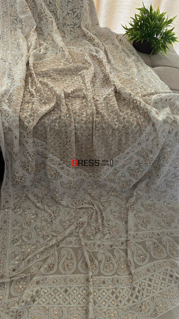 Ivory Gota Patti Lucknowi Chikankari Dupatta