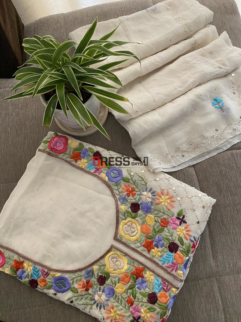 Ivory Kamdani Suit With Parsi Gara Embroidered Neckline Chikankari Suits