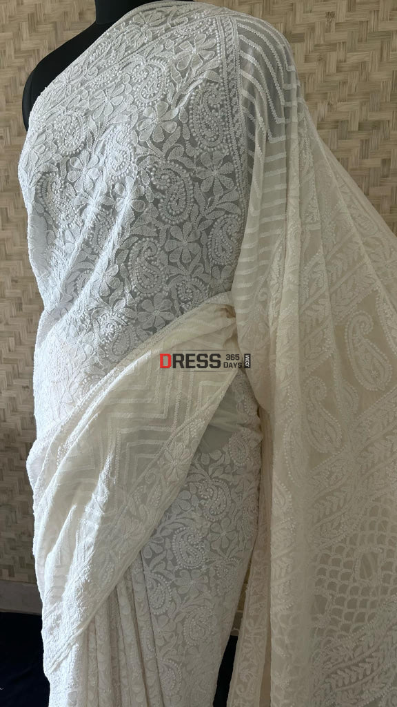 Ivory Lucknowi Chikankari Saree