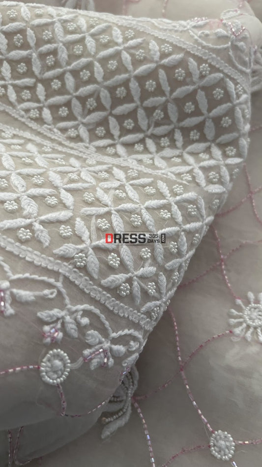 Ivory Organza Pearls & Pink Cut Dana Chikankari Suit Suits