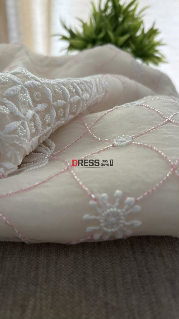 Ivory Organza Pearls & Pink Cut Dana Chikankari Suit Suits