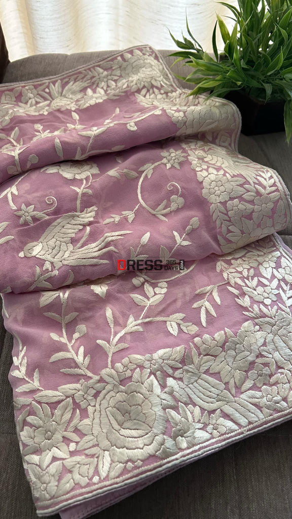 Ivory & Pink Parsi Gara Hand Embroidered Dupatta