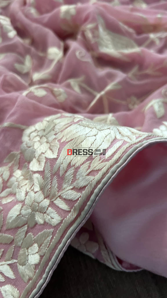 Ivory & Pink Parsi Gara Hand Embroidered Dupatta