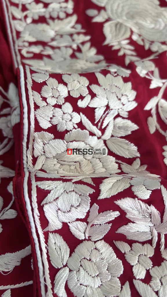 Ivory & Red Parsi Gara Crepe Silk Dupatta