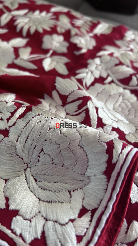 Ivory & Red Parsi Gara Crepe Silk Dupatta