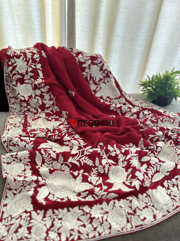 Ivory & Red Parsi Gara Crepe Silk Dupatta