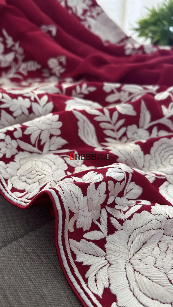 Ivory & Red Parsi Gara Crepe Silk Dupatta