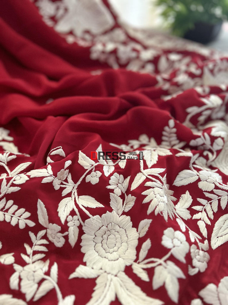 Ivory & Red Parsi Gara Crepe Silk Dupatta