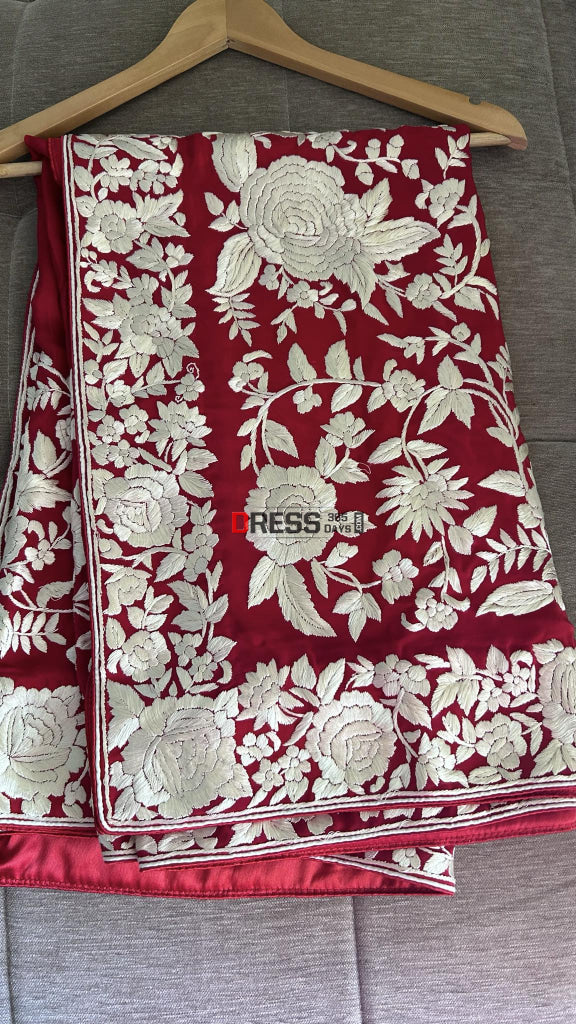 Ivory & Red Parsi Gara Crepe Silk Dupatta