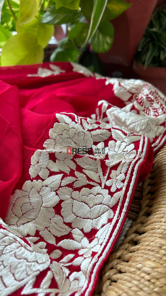 Ivory & Red Parsi Gara Hand Embroidered Dupatta