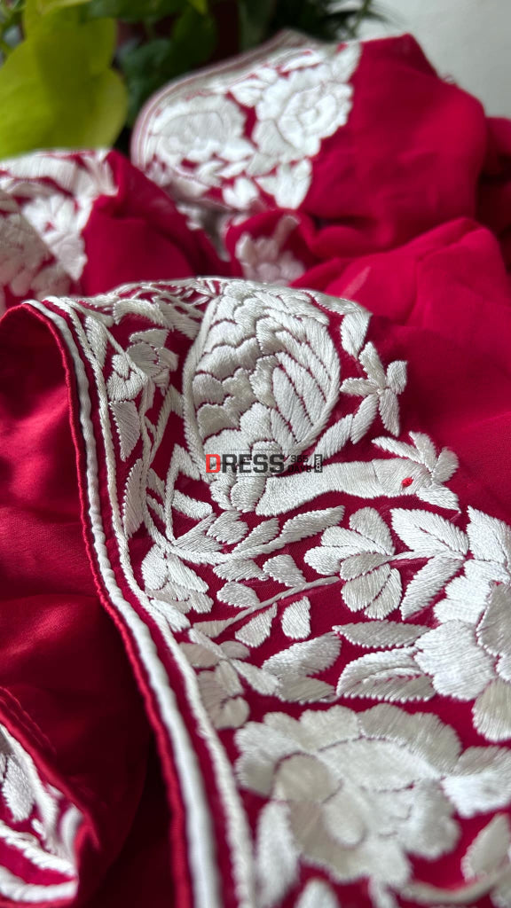 Ivory & Red Parsi Gara Hand Embroidered Dupatta