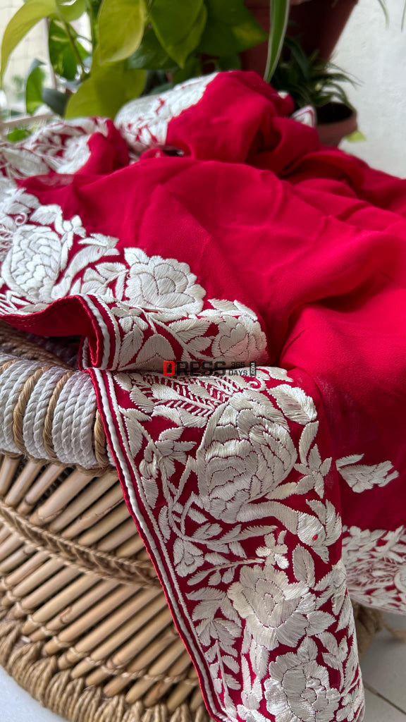 Ivory & Red Parsi Gara Hand Embroidered Dupatta