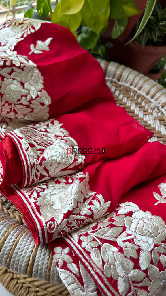 Ivory & Red Parsi Gara Hand Embroidered Dupatta