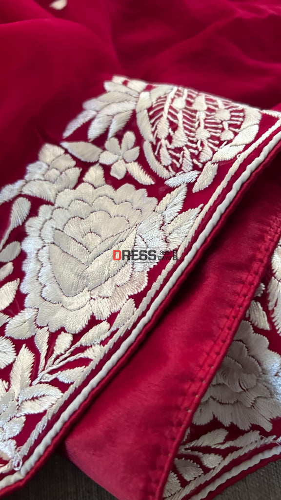 Ivory & Red Parsi Gara Hand Embroidered Dupatta