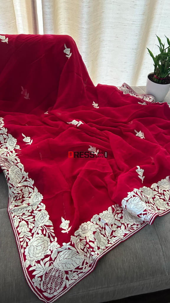 Ivory & Red Parsi Gara Hand Embroidered Dupatta