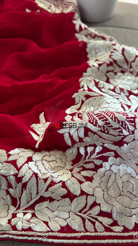 Ivory & Red Parsi Gara Hand Embroidered Dupatta