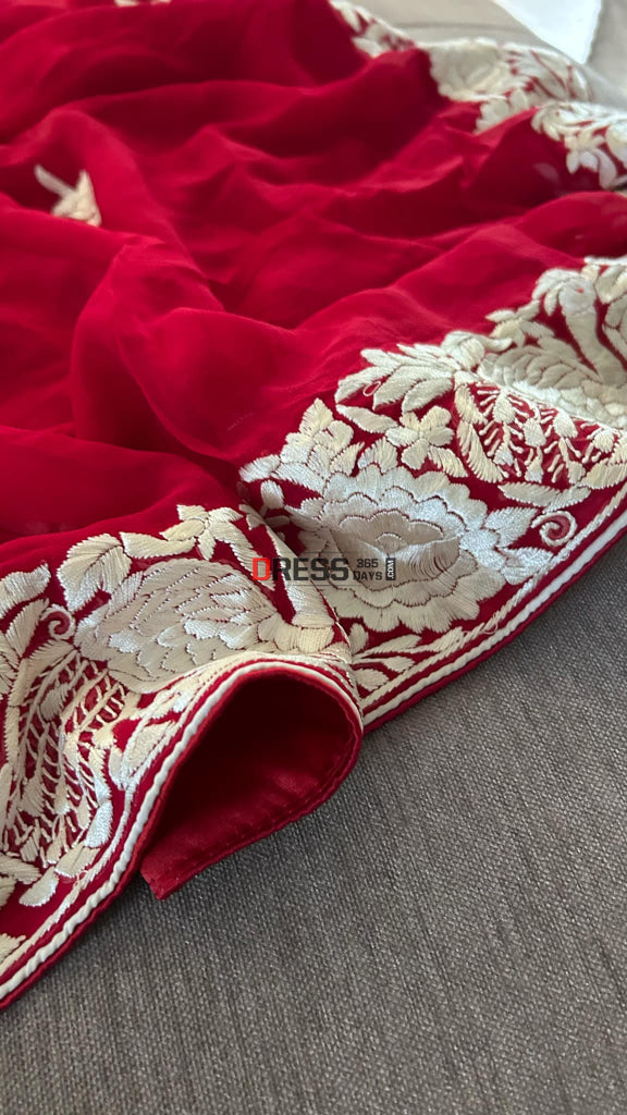 Ivory & Red Parsi Gara Hand Embroidered Dupatta