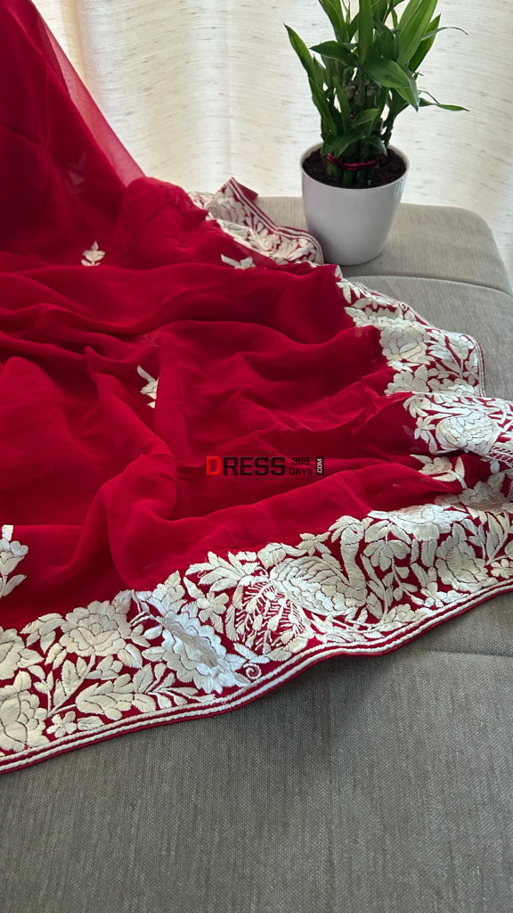 Ivory & Red Parsi Gara Hand Embroidered Dupatta