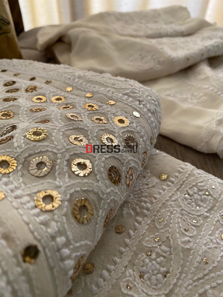 Ivory Ring Mukaish Chikankari Anarkali Dupatta Set