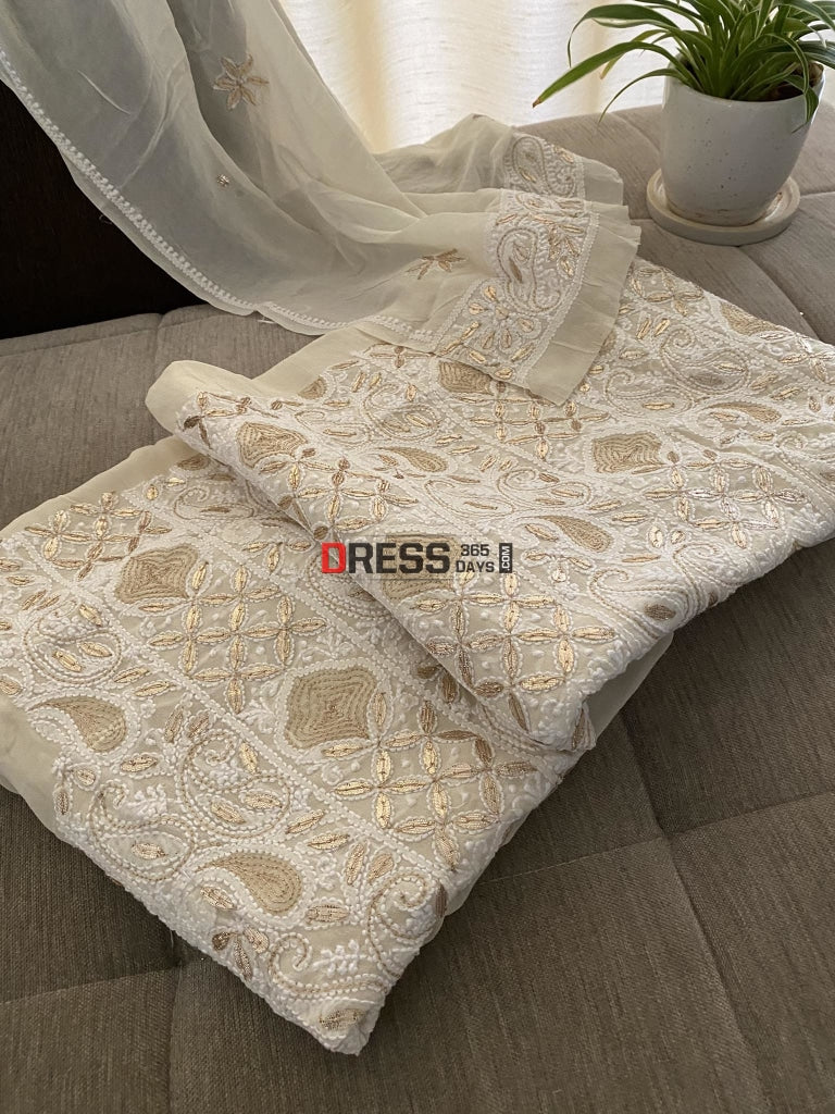 Ivory White Gota Patti Lucknowi Chikankari Suit Suits