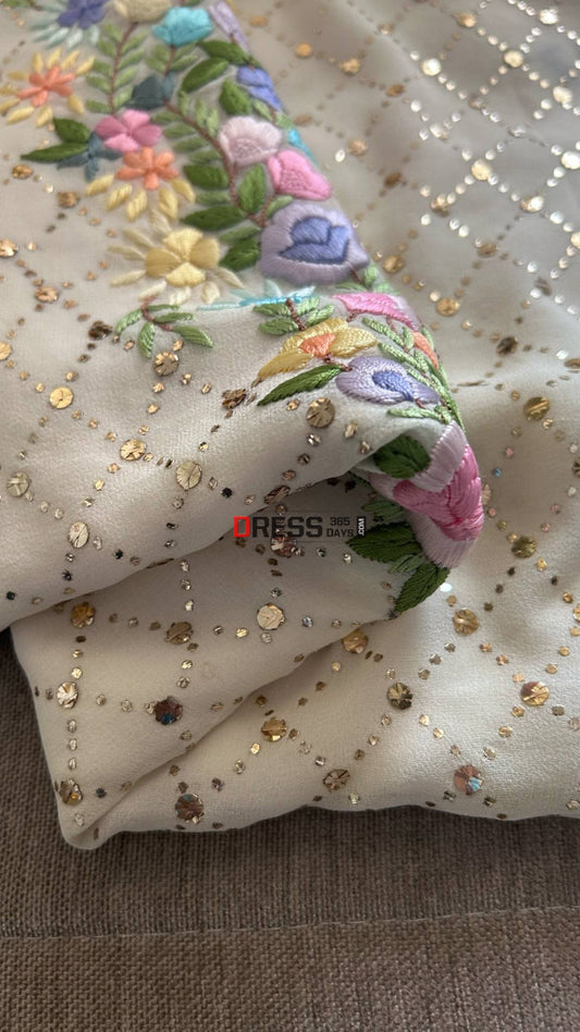 Ivory White Kamdani Parsi Gara Neckline Suit Chikankari Suits