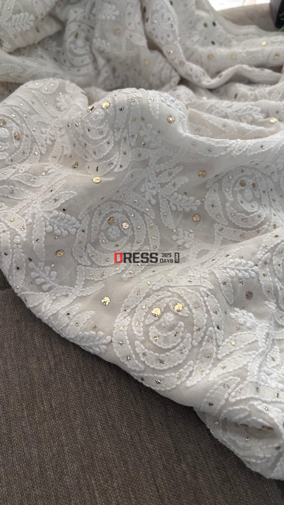 Ivory White Mukaish Chikankari Dupatta (Rose Pattern)