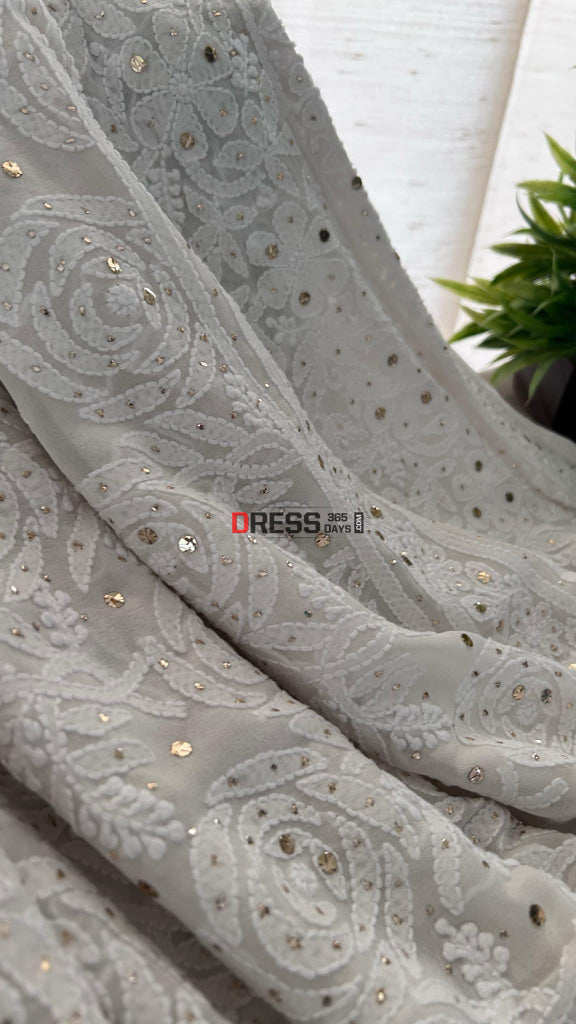 Ivory White Mukaish Chikankari Dupatta (Rose Pattern)