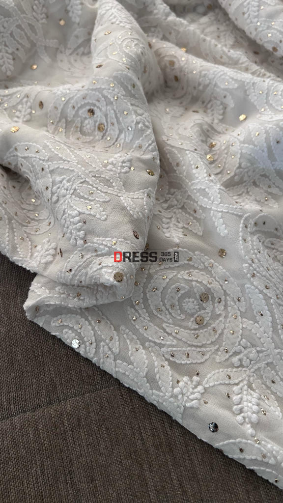 Ivory White Mukaish Chikankari Dupatta (Rose Pattern)