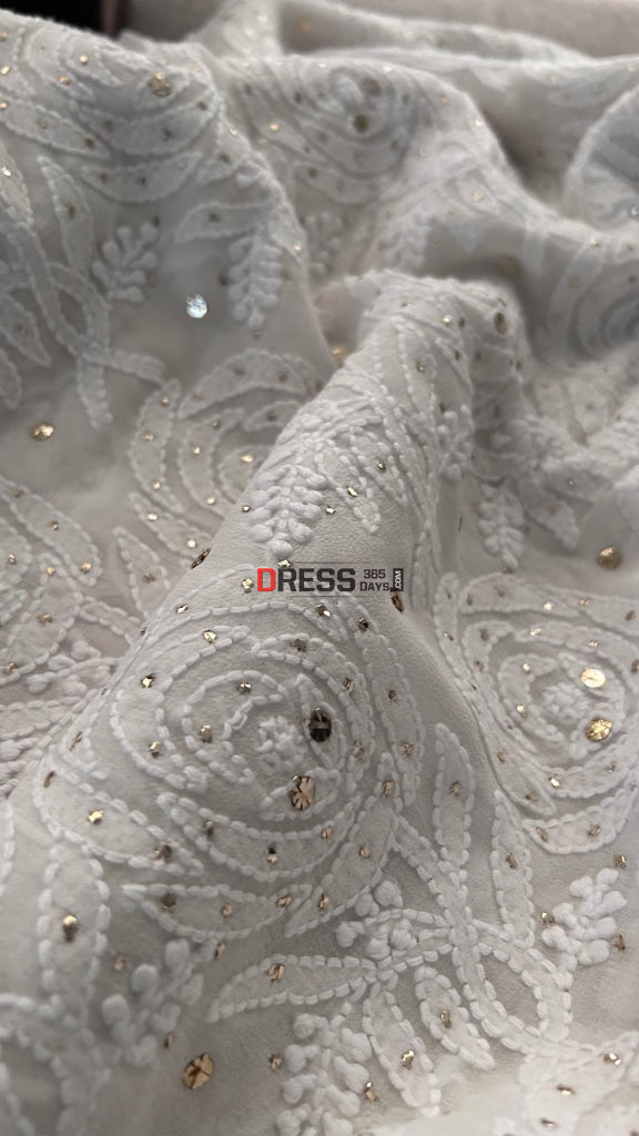 Ivory White Mukaish Chikankari Dupatta (Rose Pattern)