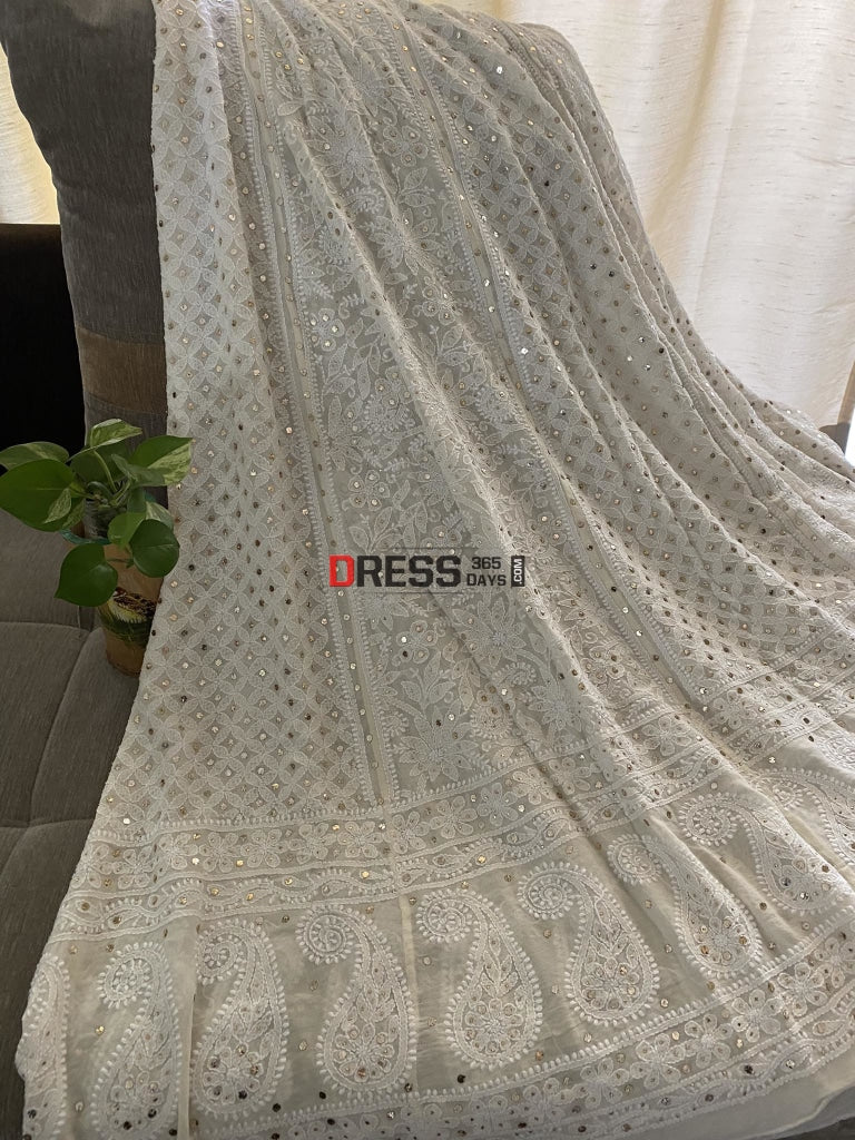 Ivory White Mukaish Chikankari Lehenga Skirt (Only Skirt)