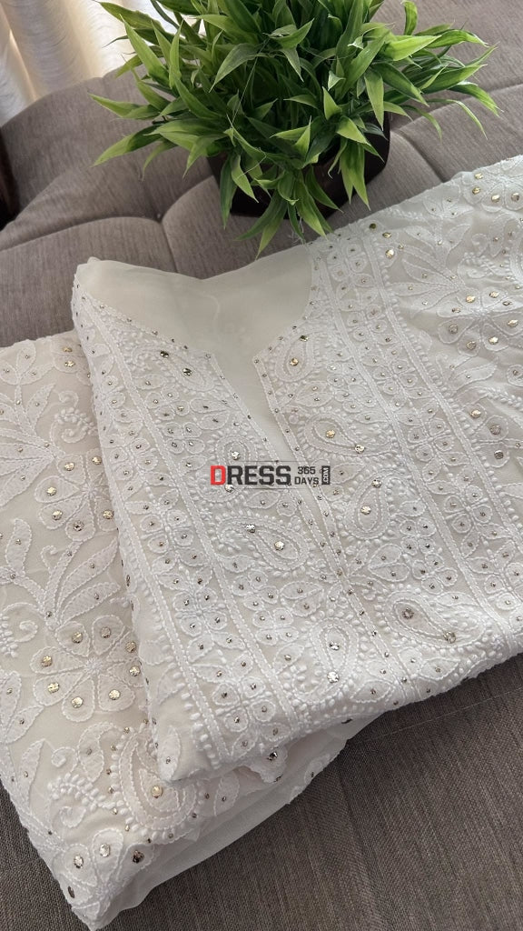 Ivory White Mukaish Chikankari Suit (Kurta Dupatta) Suits