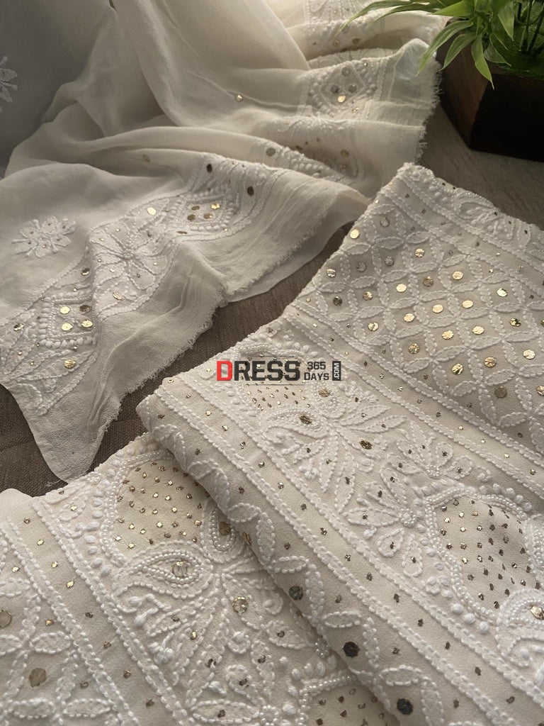 Ivory White Mukaish & Pearl Chikankari Suit Suits