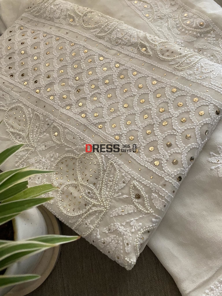 Ivory White Mukaish & Pearl Chikankari Suit Suits