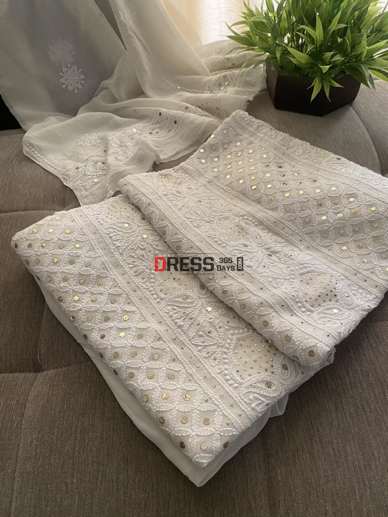 Ivory White Mukaish & Pearl Chikankari Suit Suits