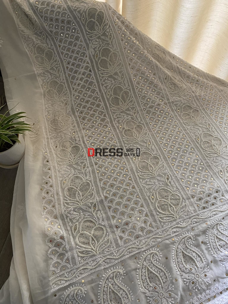 Ivory White Mukaish & Pearl Chikankari Suit Suits