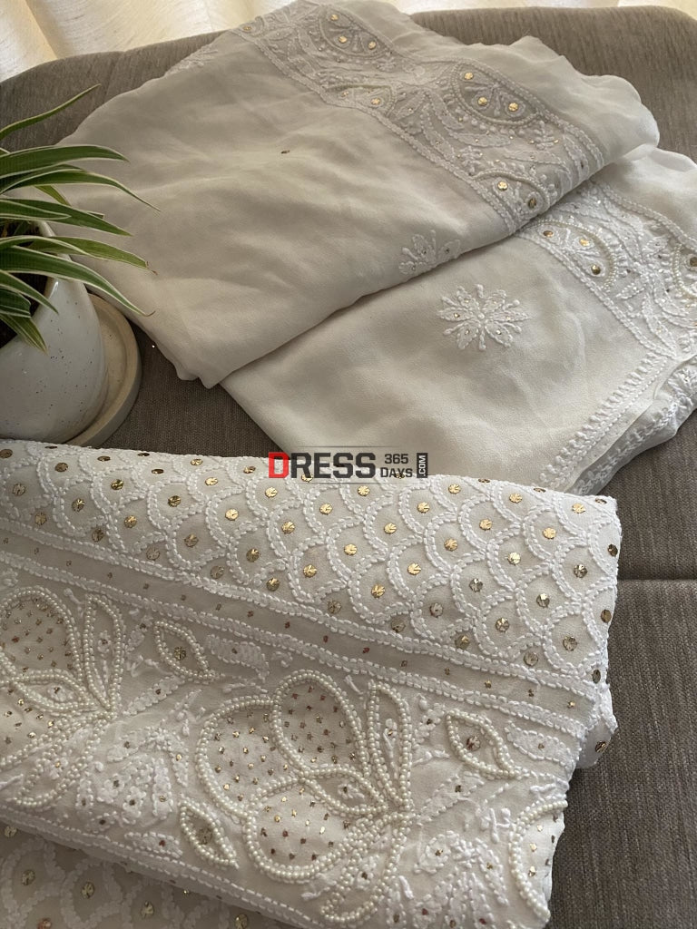 Ivory White Mukaish & Pearl Chikankari Suit Suits