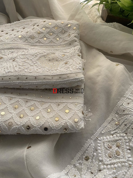 Ivory White Mukaish & Pearl Chikankari Suit Suits