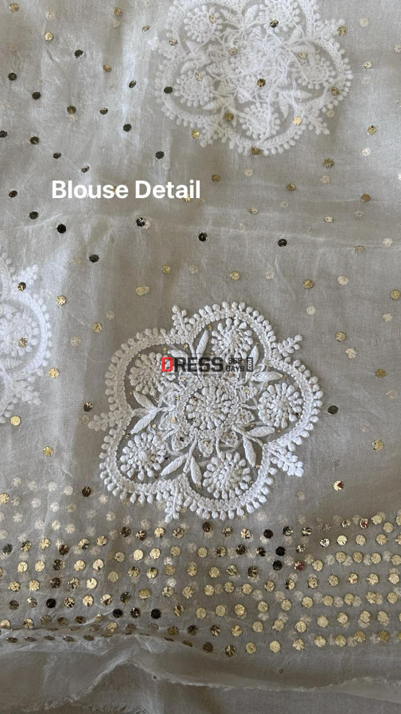 Ivory White Organza Chikankari & Mukaish Saree Parsi Gara