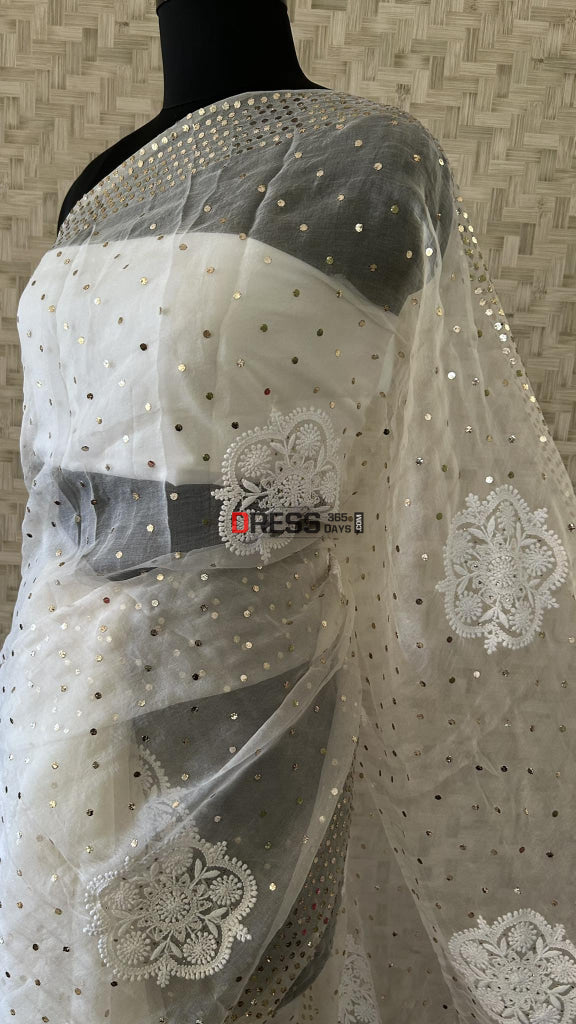 Ivory White Organza Chikankari & Mukaish Saree Parsi Gara