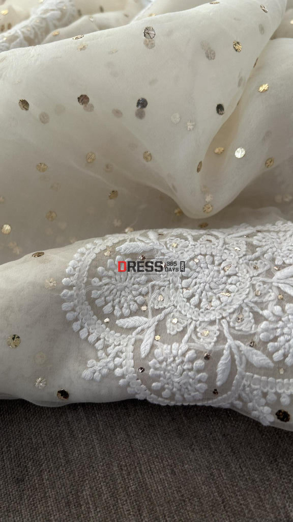 Ivory White Organza Chikankari & Mukaish Saree Parsi Gara