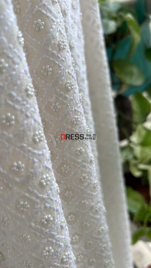 Ivory White Pearl Chikankari Dupatta (Pure Georgette)