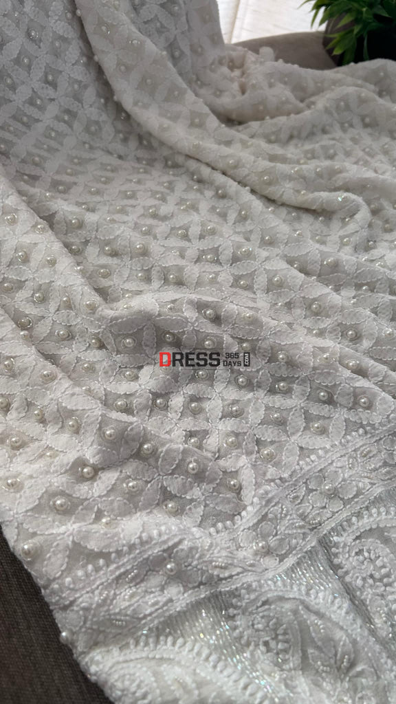 Ivory White Pearl Chikankari Dupatta (Pure Georgette)