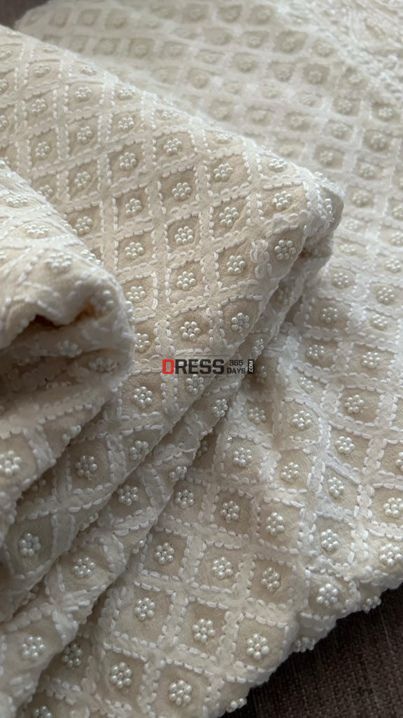 Ivory White Pearl Chikankari Dupatta (Pure Georgette)