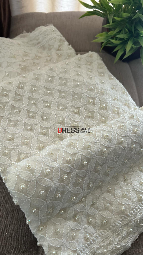 Ivory White Pearl Chikankari Dupatta (Pure Georgette)